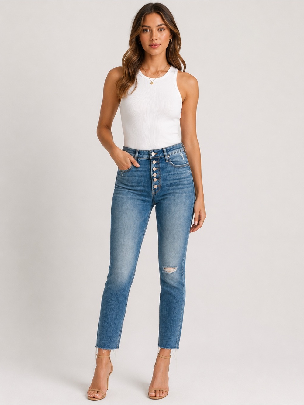 Mother 27 Pixie Dazzler Ankle Fray High-Rise Button-Fly Women's Jeans Tiny Flaw - Picture 16 of 16